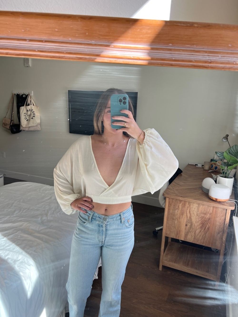 Cotton Candy Cream Wrap-Front Puff Sleeve Crop Top